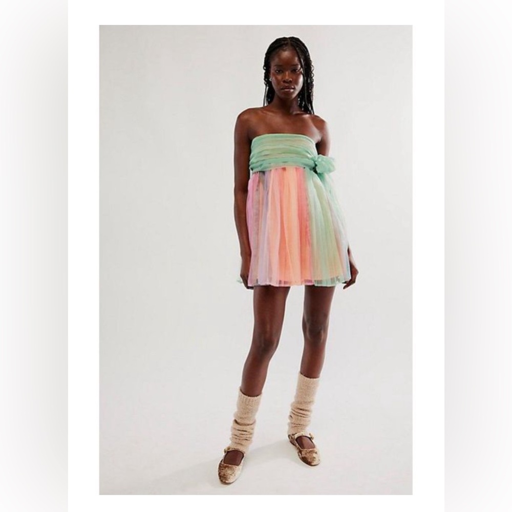 NWOT Free People In Rainbows Multicolor Chiffon Mini Dress Size XS - Picture 2 of 5